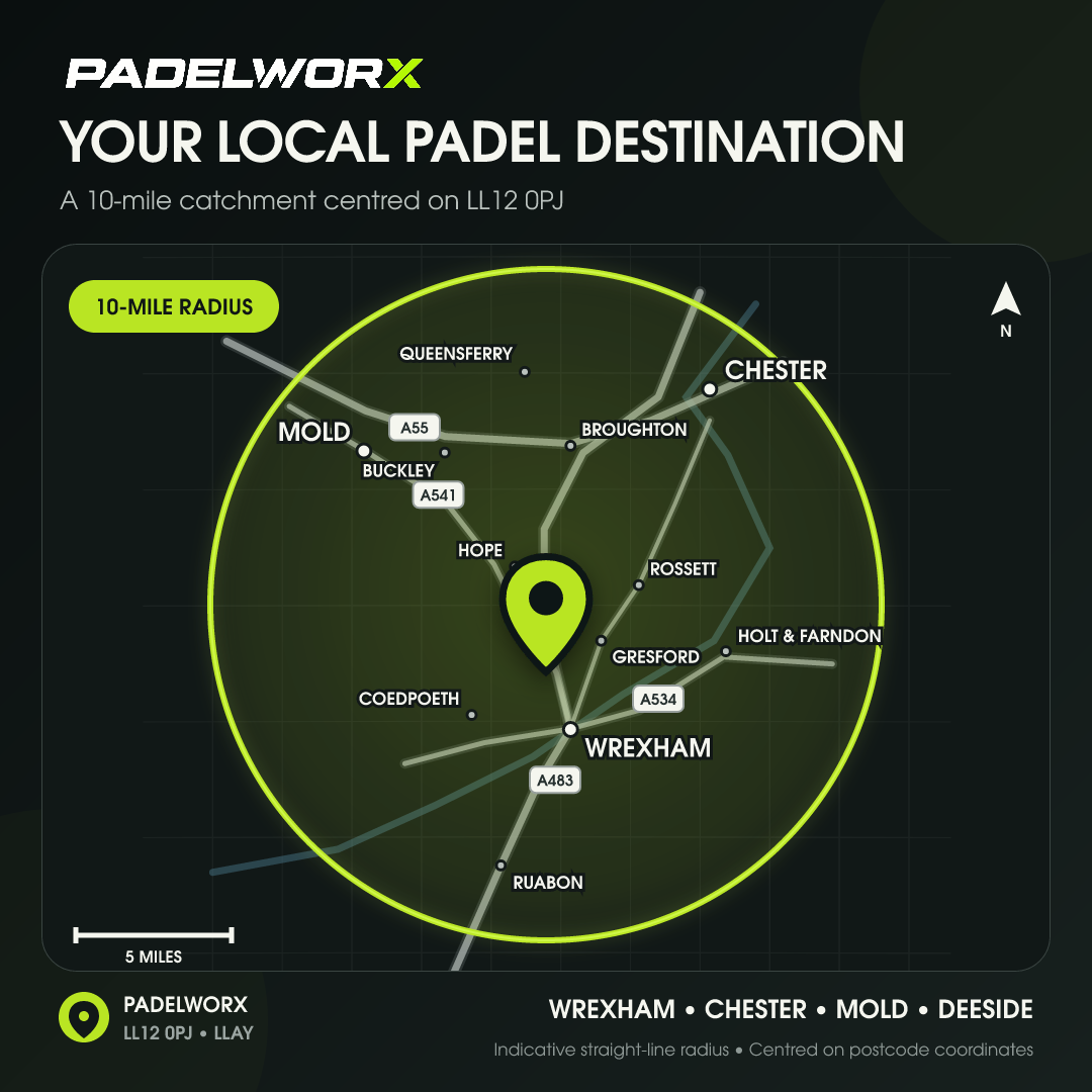 PadelWorx 10-mile catchment map centred on LL12 0PJ